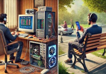 Un jugador sentado frente a un ordenador antiguo en casa, comparado con otro jugador usando un smartphone para disfrutar de un casino online.