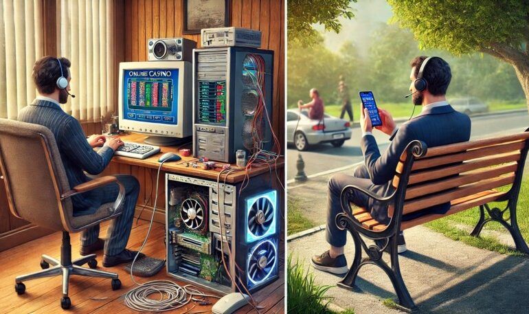Un jugador sentado frente a un ordenador antiguo en casa, comparado con otro jugador usando un smartphone para disfrutar de un casino online.